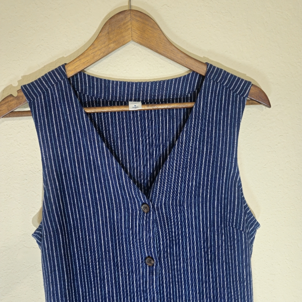 Old Navy Linen Blend Dress Womens Medium Blue White Nautical Stripe Patch Pocket - Picture 4 of 10